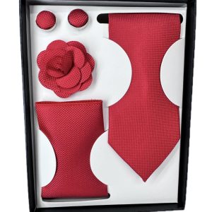 Four Piece Tie With Gift Box- Pocket Square,Button and Tie (red)