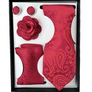 Four Piece Tie With Gift Box- Pocket Square,Button and Tie (red)