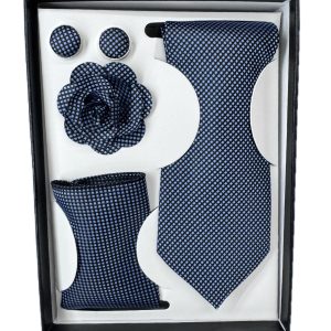 Four Piece Tie With Gift Box- Pocket Square,Button and Tie (blue)