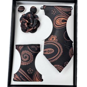 Four Piece Tie With Gift Box- Pocket Square,Button and Tie (brown)