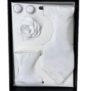 Four Piece Tie With Gift Box- Pocket Square,Button and Tie (white)