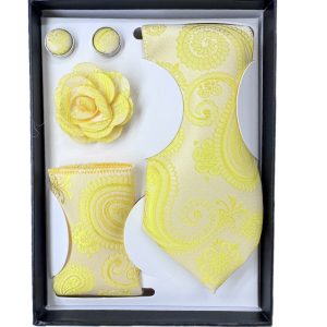 Four Piece Tie With Gift Box- Pocket Square,Button and Tie (yellow)
