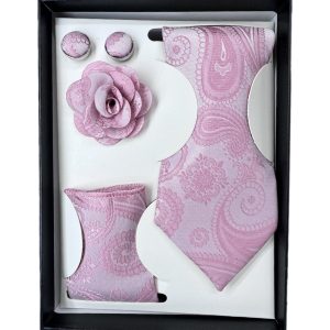 Four Piece Tie With Gift Box- Pocket Square,Button and Tie (pink)