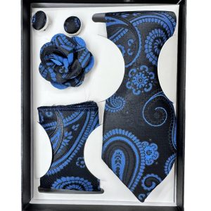 Four Piece Tie With Gift Box- Pocket Square,Button and Tie (blue)