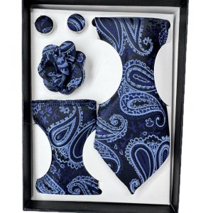Four Piece Tie With Gift Box- Pocket Square,Button and Tie (blue)