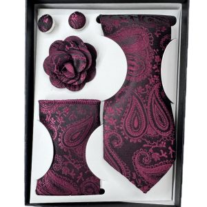Four Piece Tie With Gift Box- Pocket Square,Button and Tie (maroon)