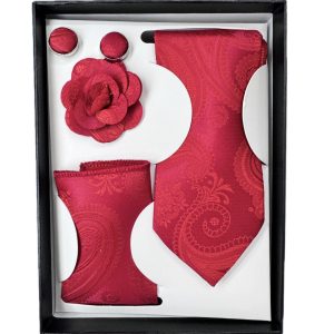 Four Piece Tie With Gift Box- Pocket Square,Button and Tie (red)