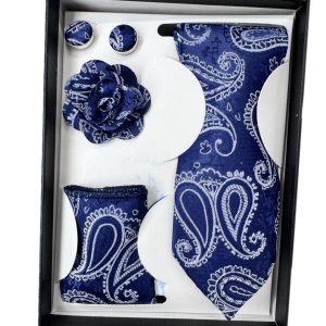 Four Piece Tie With Gift Box- Pocket Square,Button and Tie (blue)
