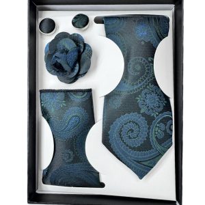 Four Piece Tie With Gift Box- Pocket Square,Button and Tie (green)