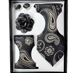 Four Piece Tie With Gift Box- Pocket Square,Button and Tie (black)