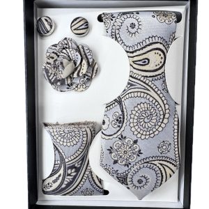 Four Piece Tie With Gift Box- Pocket Square,Button and Tie (grey)