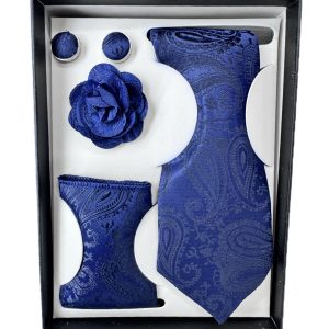 Four Piece Tie With Gift Box- Pocket Square,Button and Tie (blue)