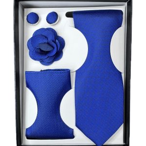 Blue Four Piece Tie With Gift Box- Pocket Square,Button and Tie