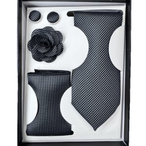 Four Piece Tie With Gift Box- Pocket Square,Button and Tie (black)