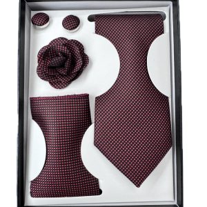 Four Piece Tie With Gift Box- Pocket Square,Button and Tie (maroon)