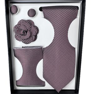 Four Piece Tie With Gift Box- Pocket Square,Button and Tie (maroon)