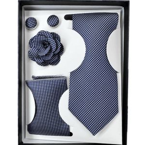 Four Piece Tie With Gift Box- Pocket Square,Button and Tie (blue)